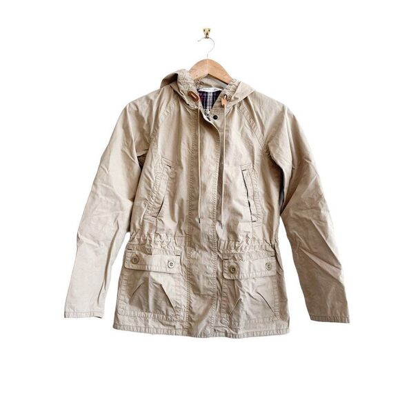 Woolrich Jacket Women's Zip Up Tan Adjustable Waist Hooded Patch Pockets Size S - Picture 1 of 8